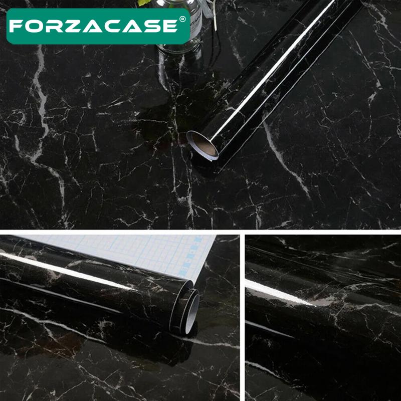Forzacase Mermer Desenli Siyah Folyo Kaplama 5 Metre Tezgah Dolap Mutfak Kağıdı Yapışkanlı - FC230