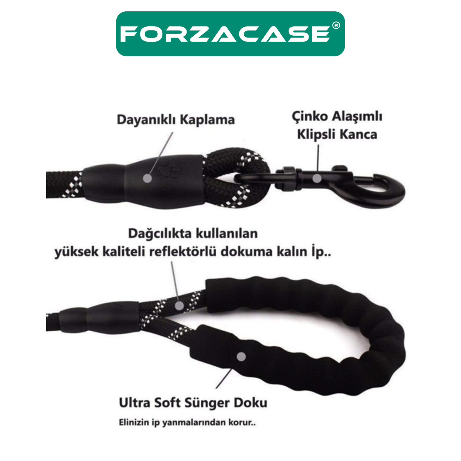 Forzacase Orta ve Büyük Boy Köpekler için Reflektörlü Gezdirme Tasması 130 cm - FC235