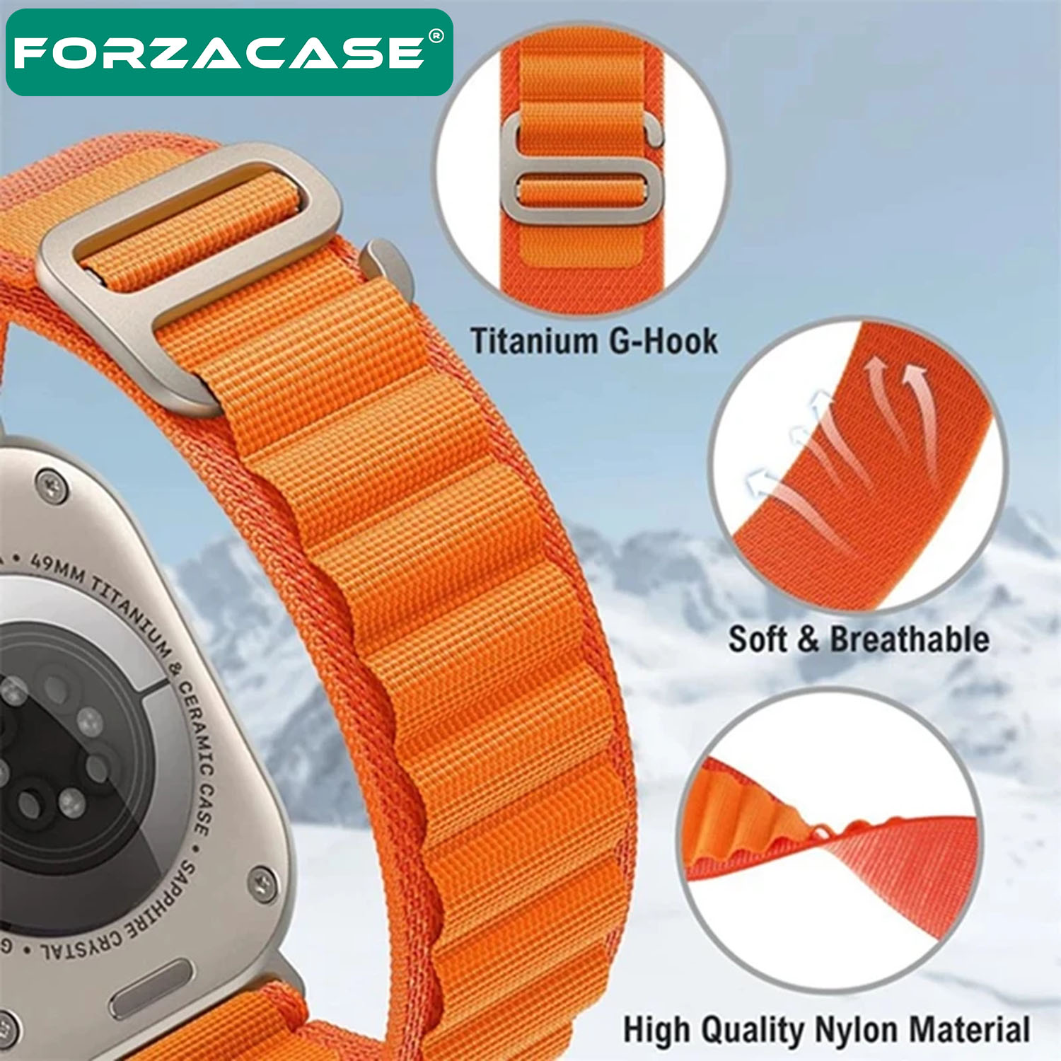Forzacase Apple Watch 12 46mm ile uyumlu Alpine Loop Kancalı Kumaş Kordon Kayış - FC269
