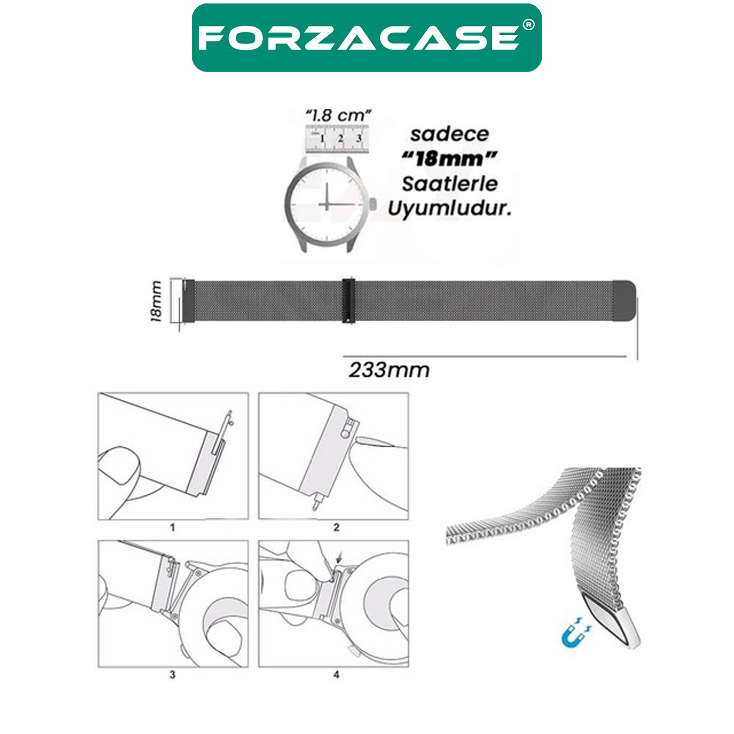 Forzacase Huawei Watch GT4 18 mm ile uyumlu Metal Mıknatıslı Kordon Kayış - FC321