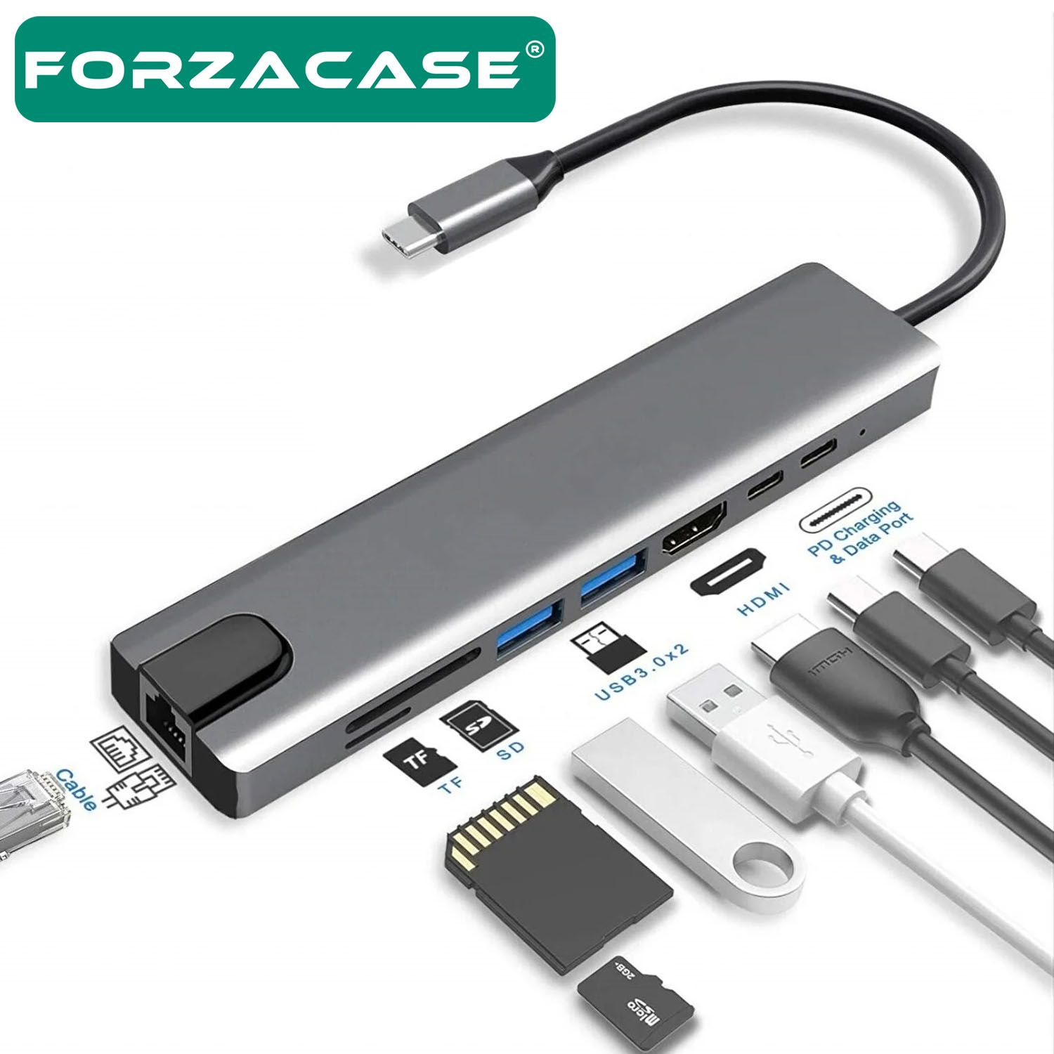 Forzacase Notebook Macbook Type-C Görüntü Aktarıcı 8in1 Ethernet Sd USB HDMI Çevirici Hub HDTV FC386