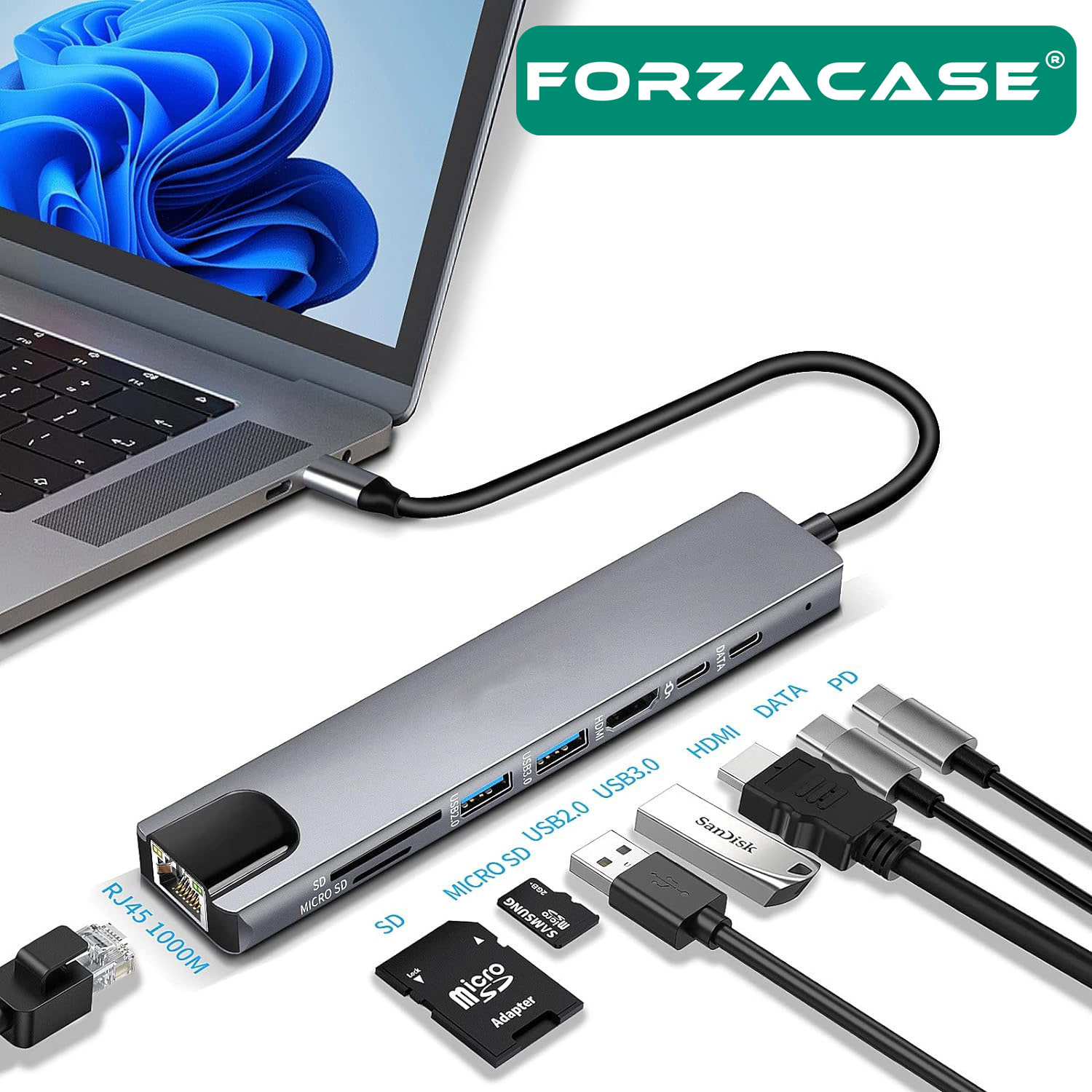 Forzacase Notebook Macbook Type-C Görüntü Aktarıcı 8in1 Ethernet Sd USB HDMI Çevirici Hub HDTV FC386