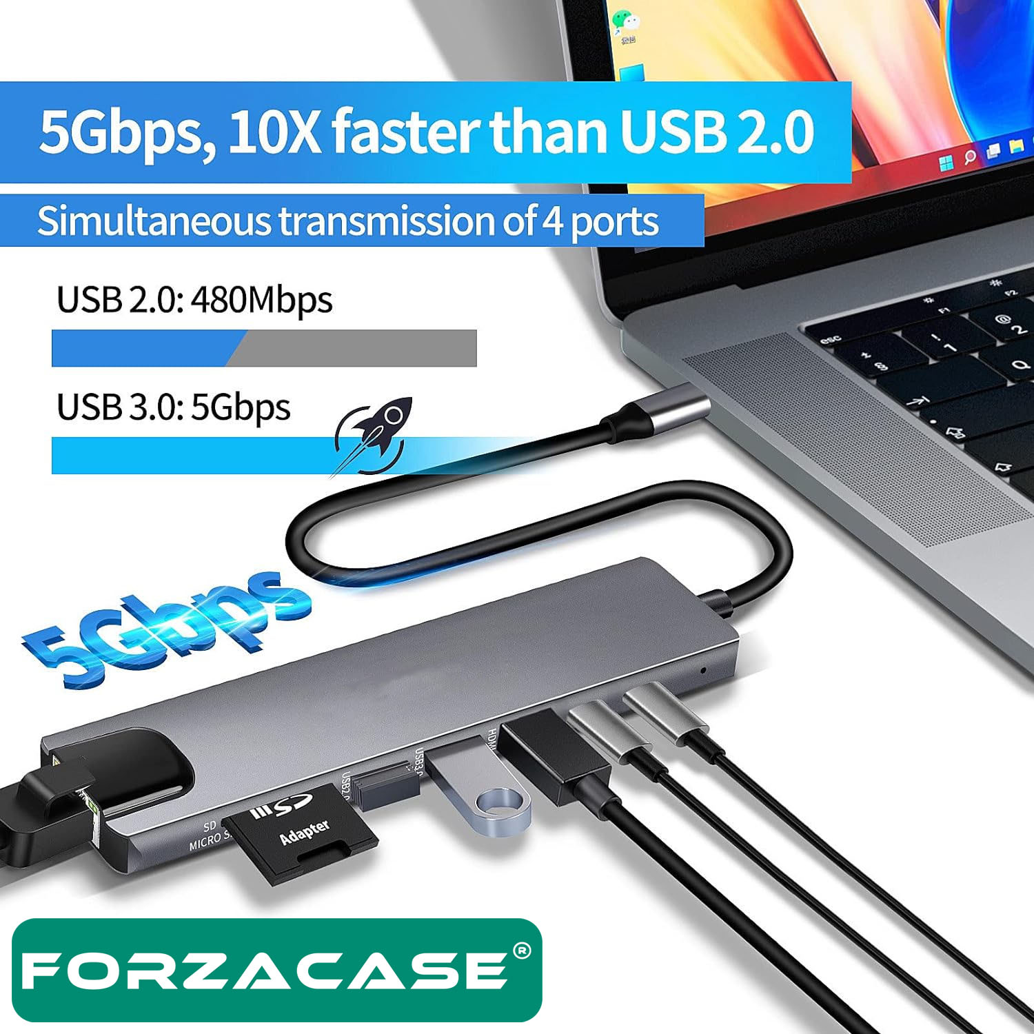 Forzacase Notebook Macbook Type-C Görüntü Aktarıcı 8in1 Ethernet Sd USB HDMI Çevirici Hub HDTV FC386