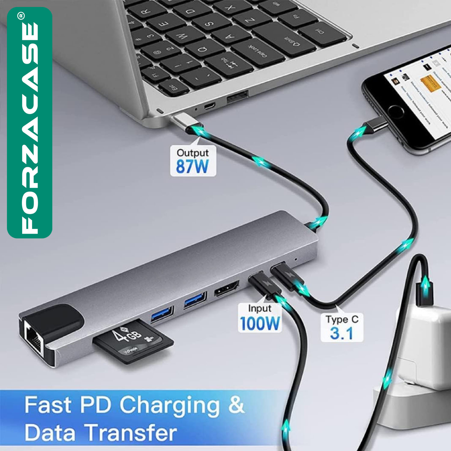 Forzacase Notebook Macbook Type-C Görüntü Aktarıcı 8in1 Ethernet Sd USB HDMI Çevirici Hub HDTV FC386