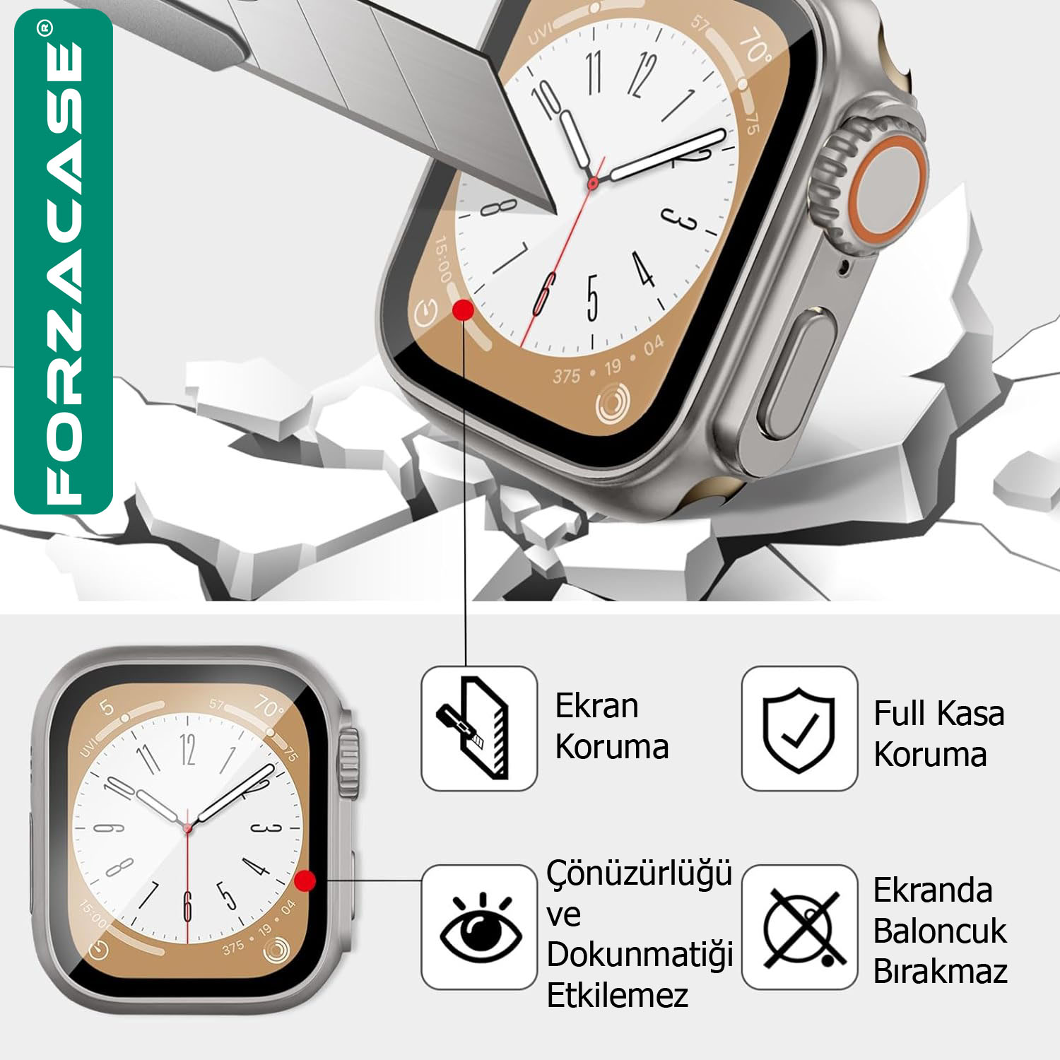 Forzacase Apple Watch 45mm ile uyumlu Full Ekran Kasa Koruyucu ve Watch Ultra Çevirici Kılıf - FC399