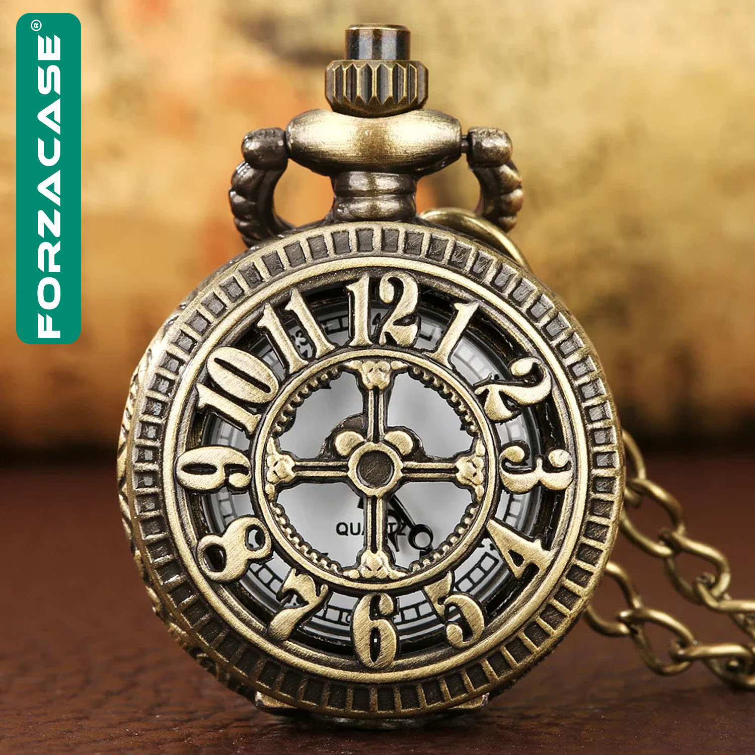 Forzacase Retro Vintage Özel Bronz Rakam İşlemeli Tasarım Köstekli Cep Saati - FC412