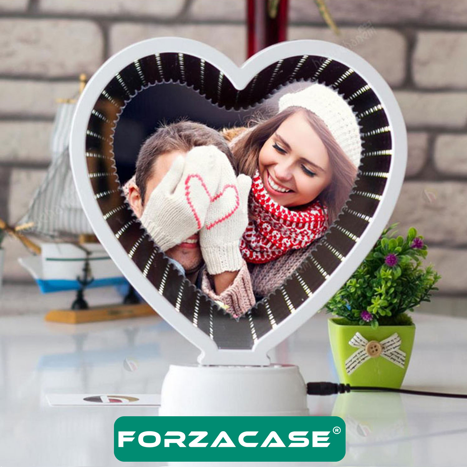 Forzacase LED Işıklı Kalp Sihirli Ayna Fotoğraf Çerçevesi Dekoratif Hediyelik - FC415
