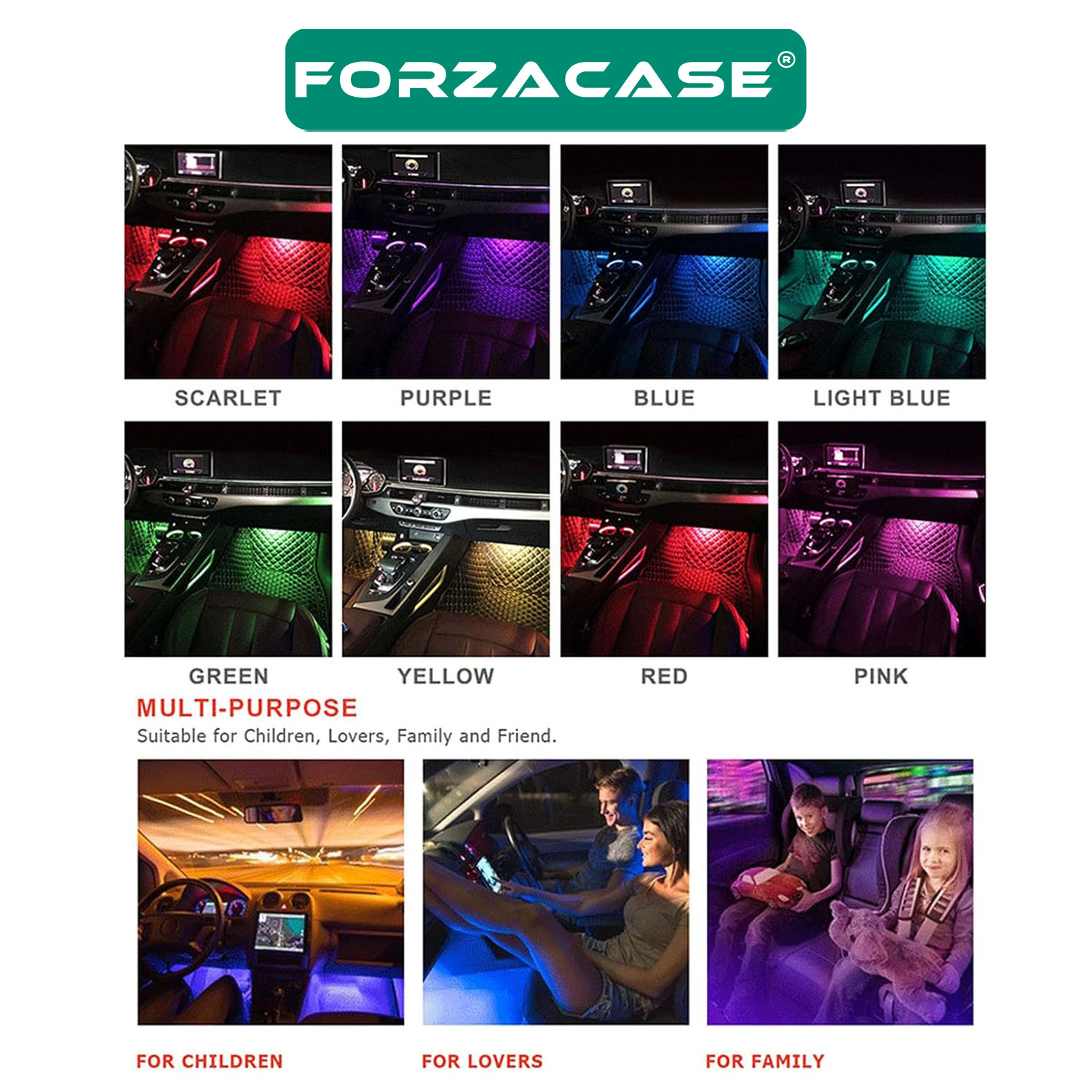 Forzacase Araç İçi Çakmaklık Girişli Müziğe ve Sese Duyarlı RGB Renkli Kumandalı Ayak Altı Led FC417
