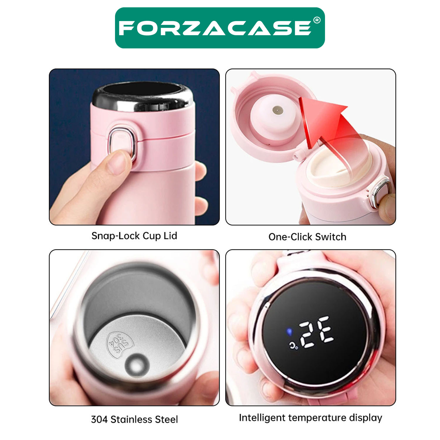 Forzacase Paslanmaz Çelik 420 ml Termometreli 8 Saat Sıcak Soğuk Tutan Çay Kahve Su Termosu - FC430