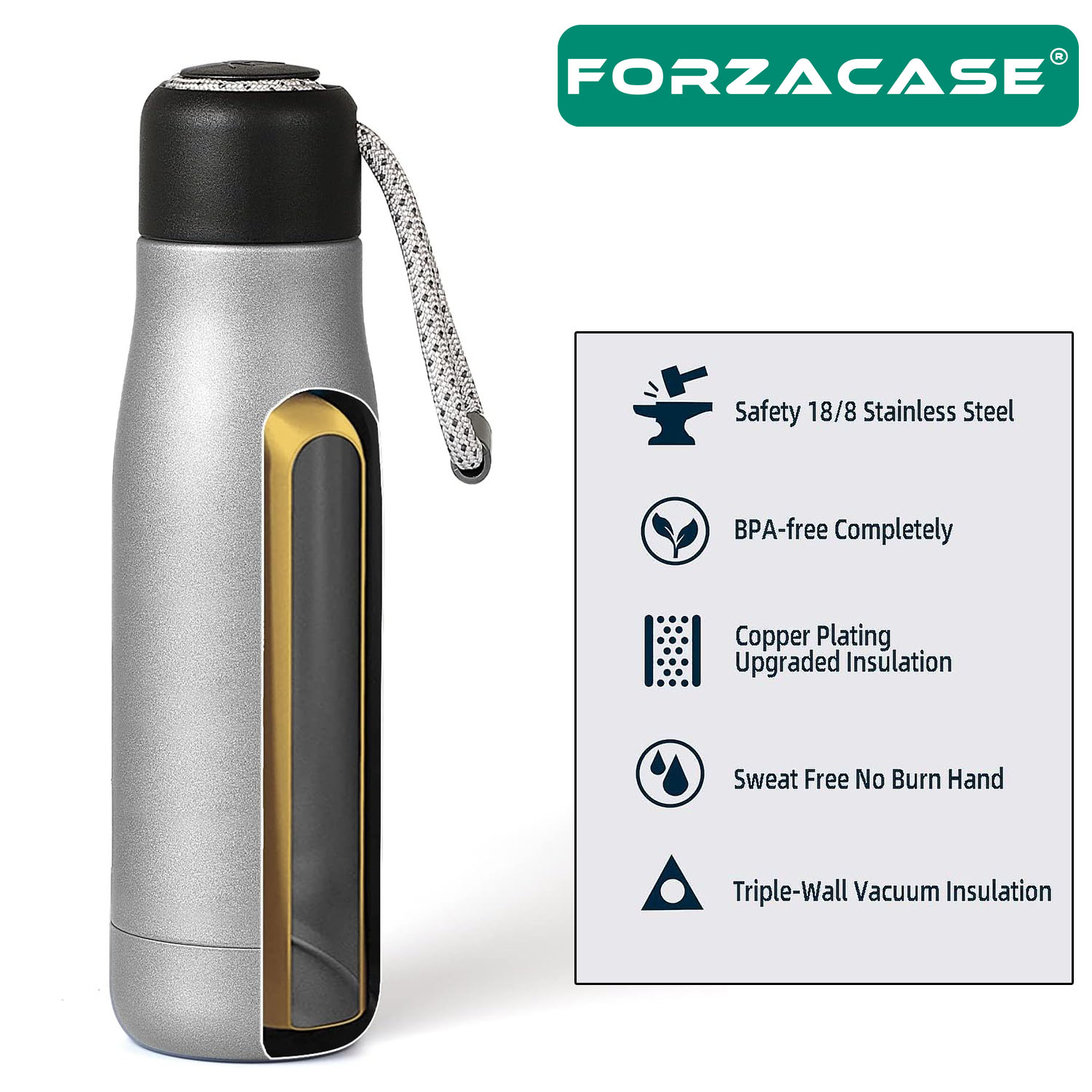 Forzacase Paslanmaz Çelik 500 ml Sıcak Soğuk Tutan Çay Kahve Su İpli El Termosu - FC433