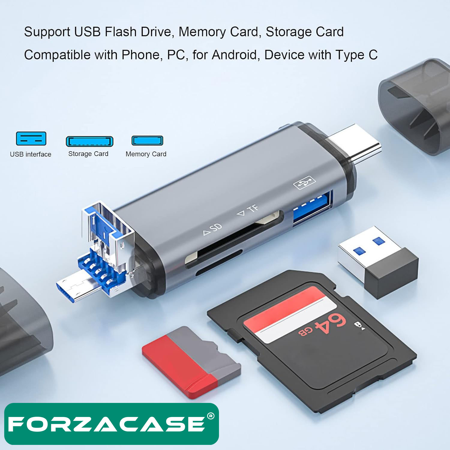 Forzacase USB 3.0 Type C Micro USB Kart Okuyucu 3in1 USB OTG SD/TF - FC441