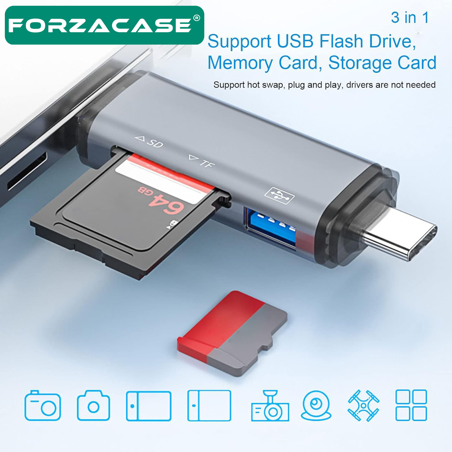 Forzacase USB 3.0 Type C Micro USB Kart Okuyucu 3in1 USB OTG SD/TF - FC441