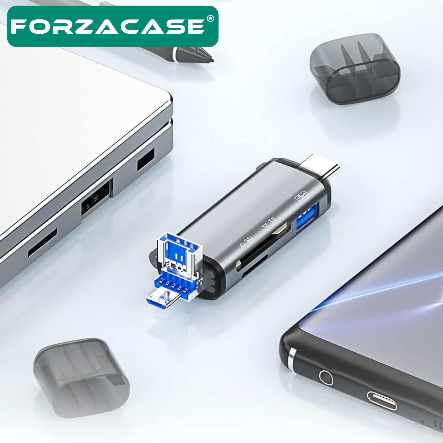 Forzacase USB 3.0 Type C Micro USB Kart Okuyucu 3in1 USB OTG SD/TF - FC441