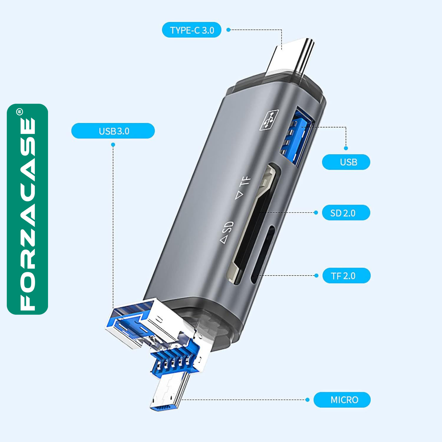 Forzacase USB 3.0 Type C Micro USB Kart Okuyucu 3in1 USB OTG SD/TF - FC441