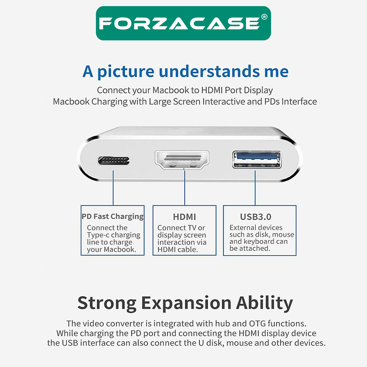 Forzacase USB 3.1 Type C To Hdmi Usb 3.0 Çevirici Dönüştürücü Adaptör Kablosu - FC444