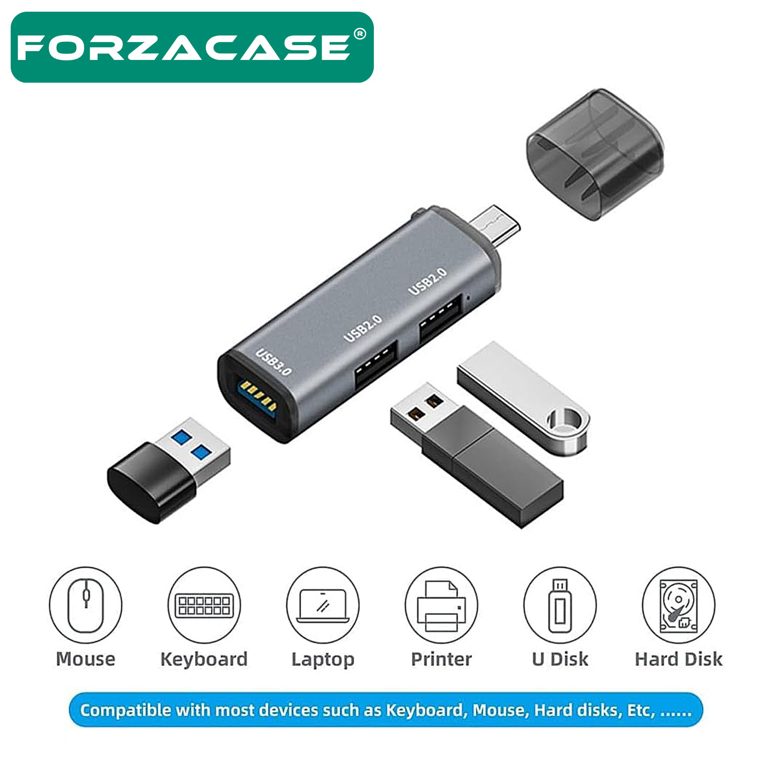 Forzacase Type-C to USB 3.0 Çoğaltıcı Hub 3in1 OTG Adaptör - FC446