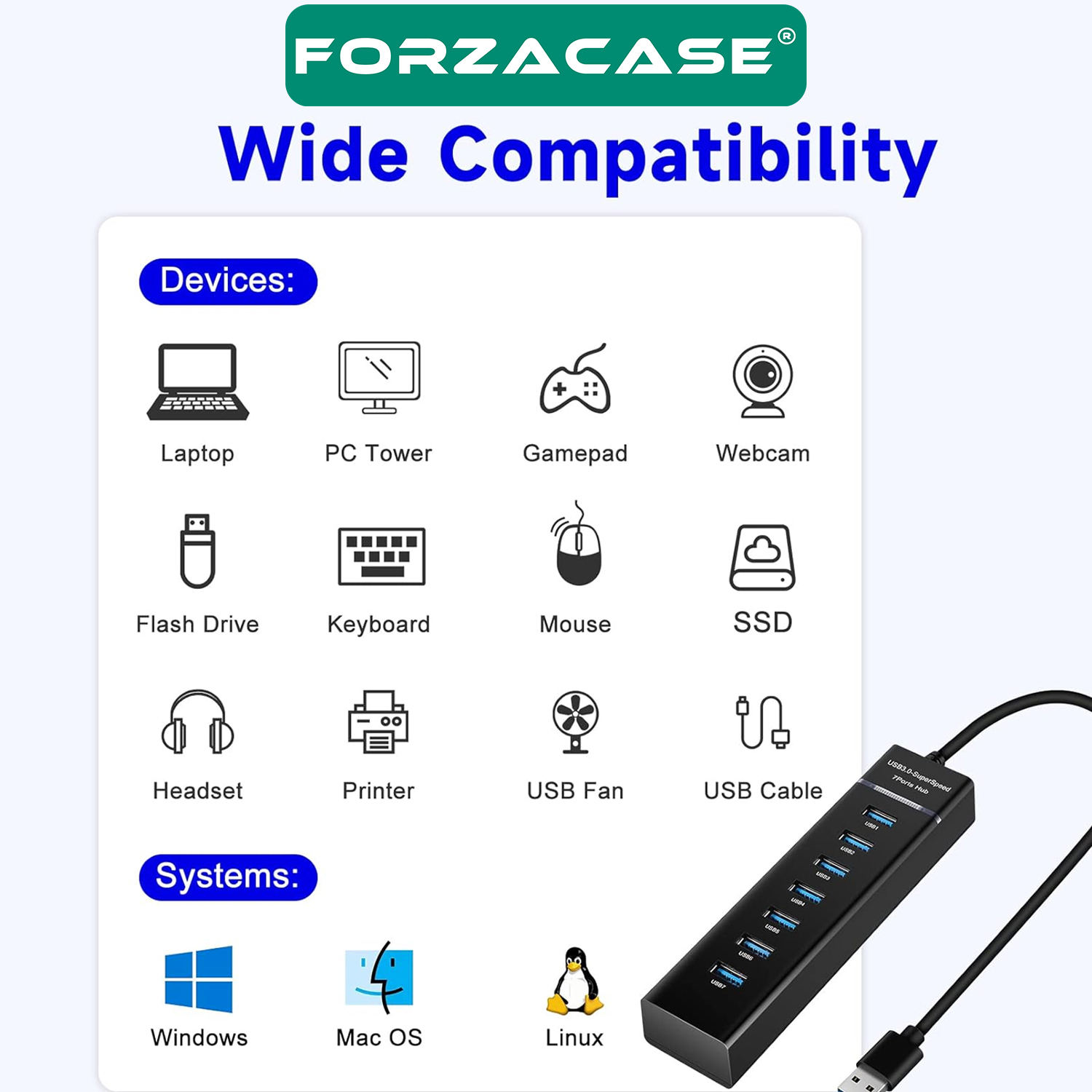Forzacase USB 3.0 to USB 2.0 Port Çoğaltıcı Hub 7in1 OTG Adaptör 7li USB Çoklayıcı - FC478