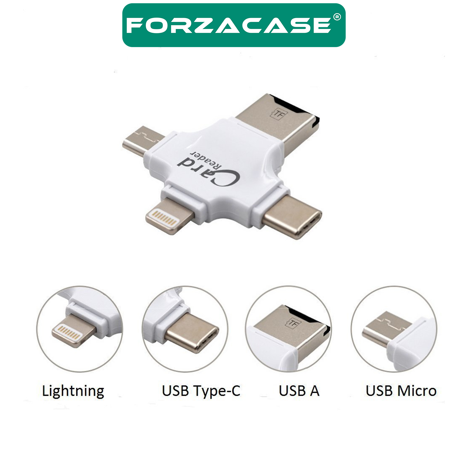 Forzacase 4in Lightning + MicroUSB + Type-C TF Kart Okuyucu Adaptör Reader - FC491