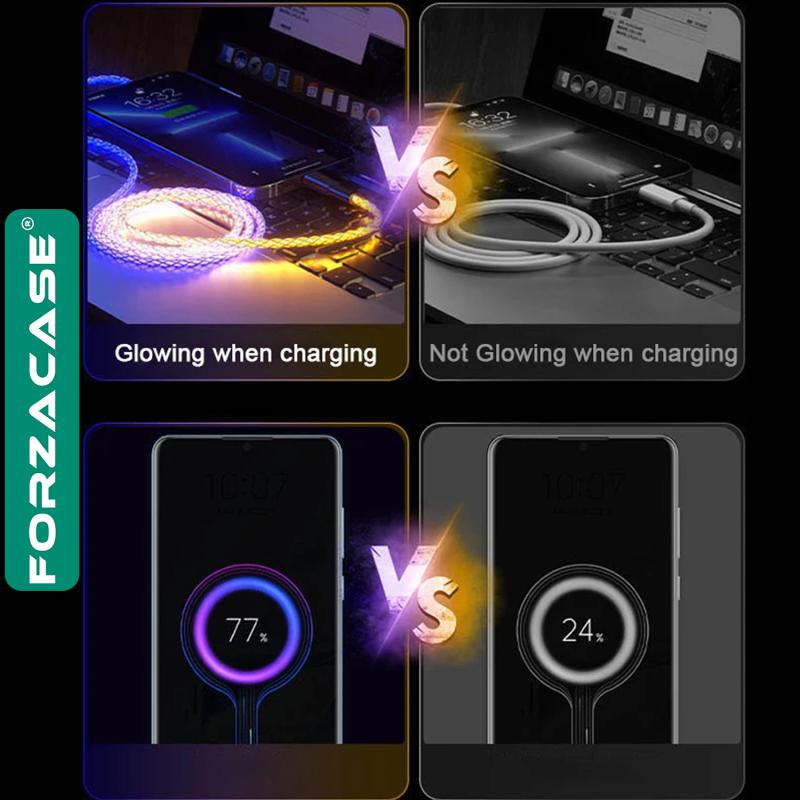 Forzacase Micro USB to USB 6A 66W PD RGB Işıklı Hızlı Şarj ve Data Kablosu 1 metre - FC494