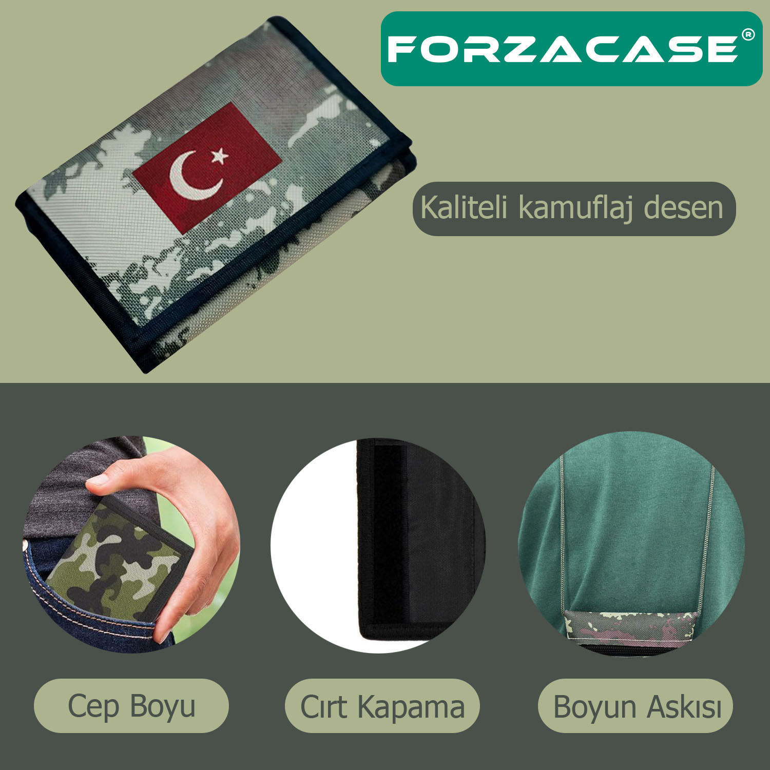 Forzacase 4 Göz İç Fermuarlı Cırt Kapamalı Boyun Asmalı Asker Cüzdanı Türkiye Bayrak Desen - FC616