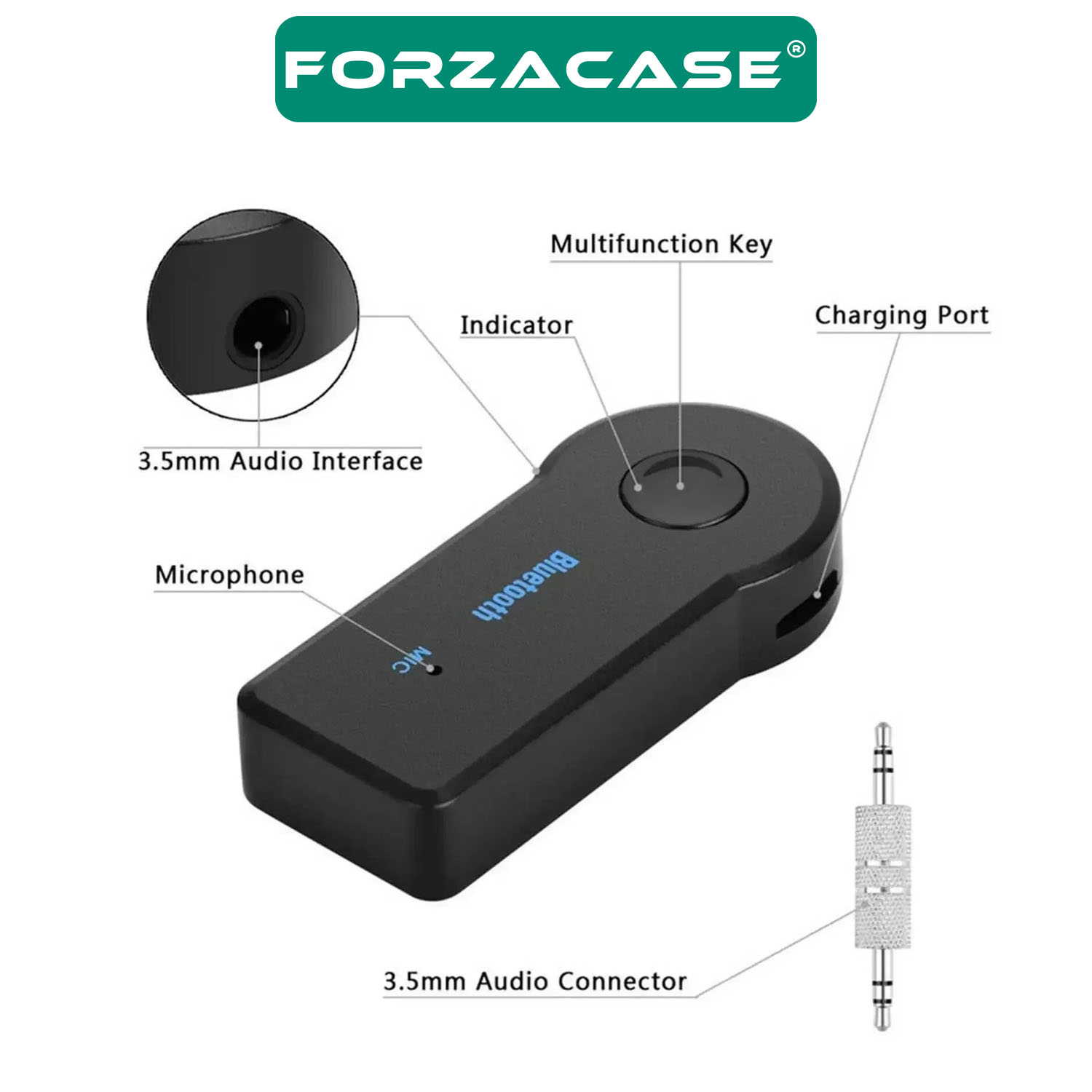 Forzacase Bluetooth Aux Müzik Alıcısı Araç Kiti Bluetooth Çevirici - FC658