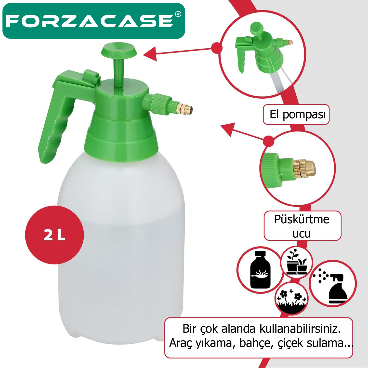 Forzacase 2 Litre Basınçlı Su Köpük Püskürtme Sprey Şişe Çiçek Sulama İlaçlama Araç Yıkama - FC666