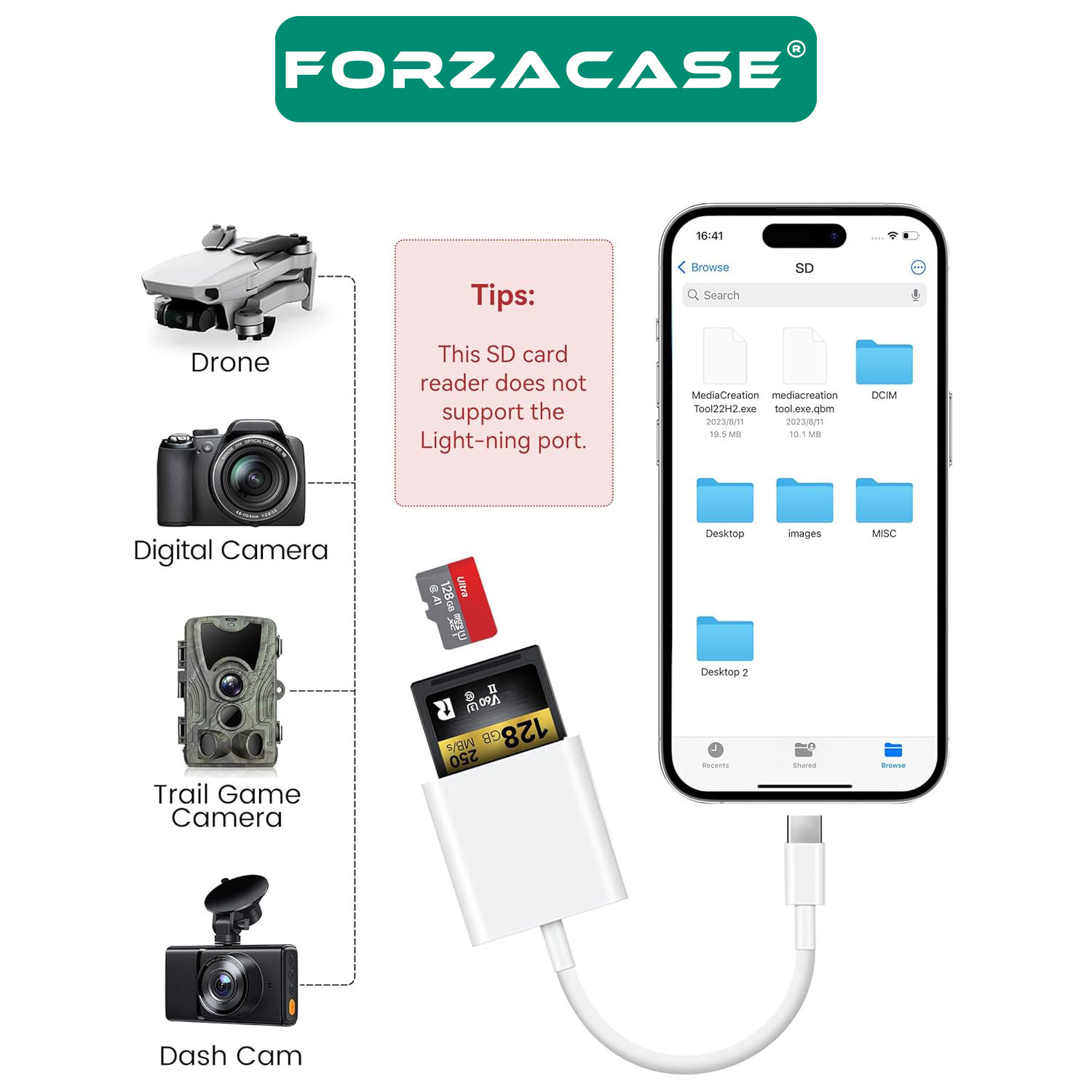 Forzacase Telefon ve Tabletler için Type-C to SD / Micro SD / TF Kart Okuyucu Adaptör - FC674