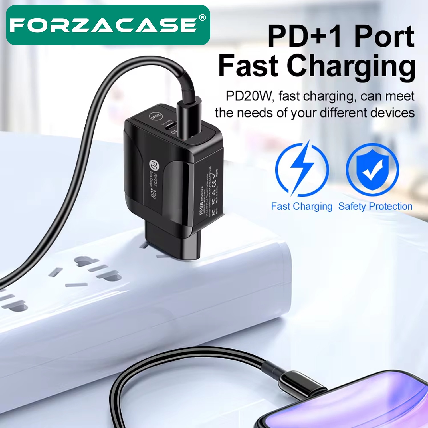 Forzacase Çift Girişli 18W USB-C Güç Adaptörü Apple iOS Android uyumlu PD Adaptör - FC693