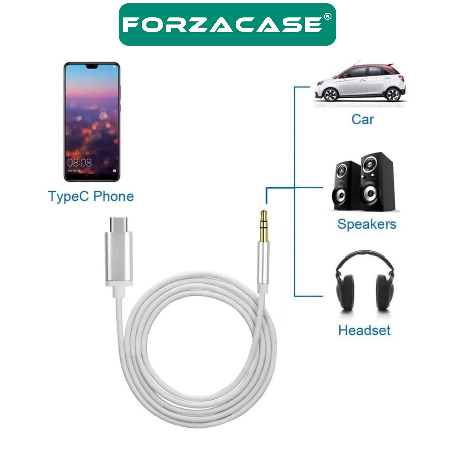 Forzacase Örgülü Type-C to 3.5 mm Aux Çevirici Ses Aktarım Kablosu 1m - FC695