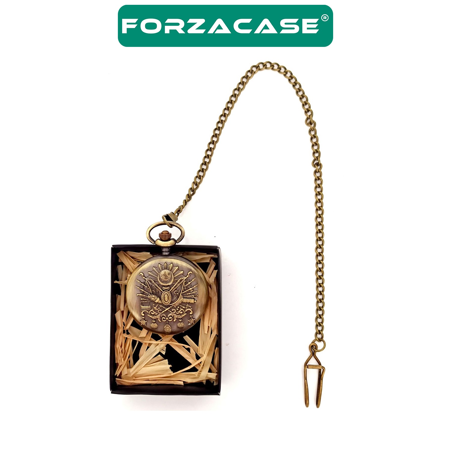 Forzacase Retro Vintage Özel Bronz Osmanlı Tuğra İşlemeli Köstekli Cep Saati - FC727