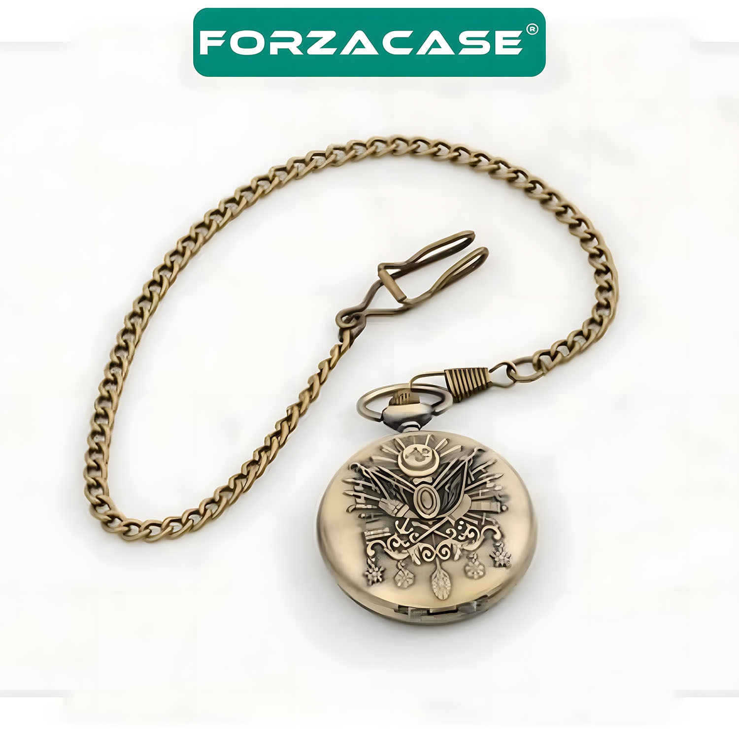 Forzacase Retro Vintage Özel Bronz Osmanlı Tuğra İşlemeli Köstekli Cep Saati - FC727