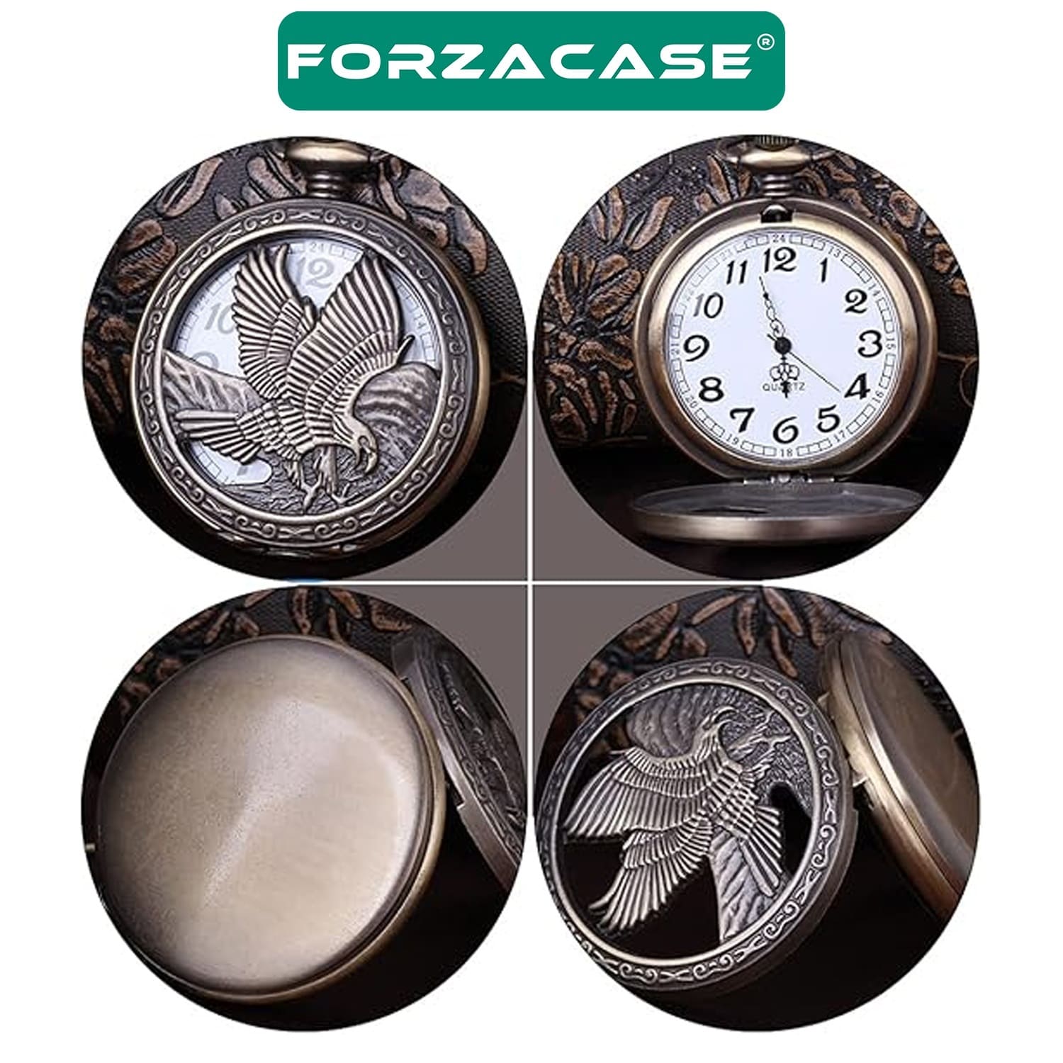 Forzacase Retro Vintage Özel Bronz Kartal İşlemeli Köstekli Cep Saati - FC731