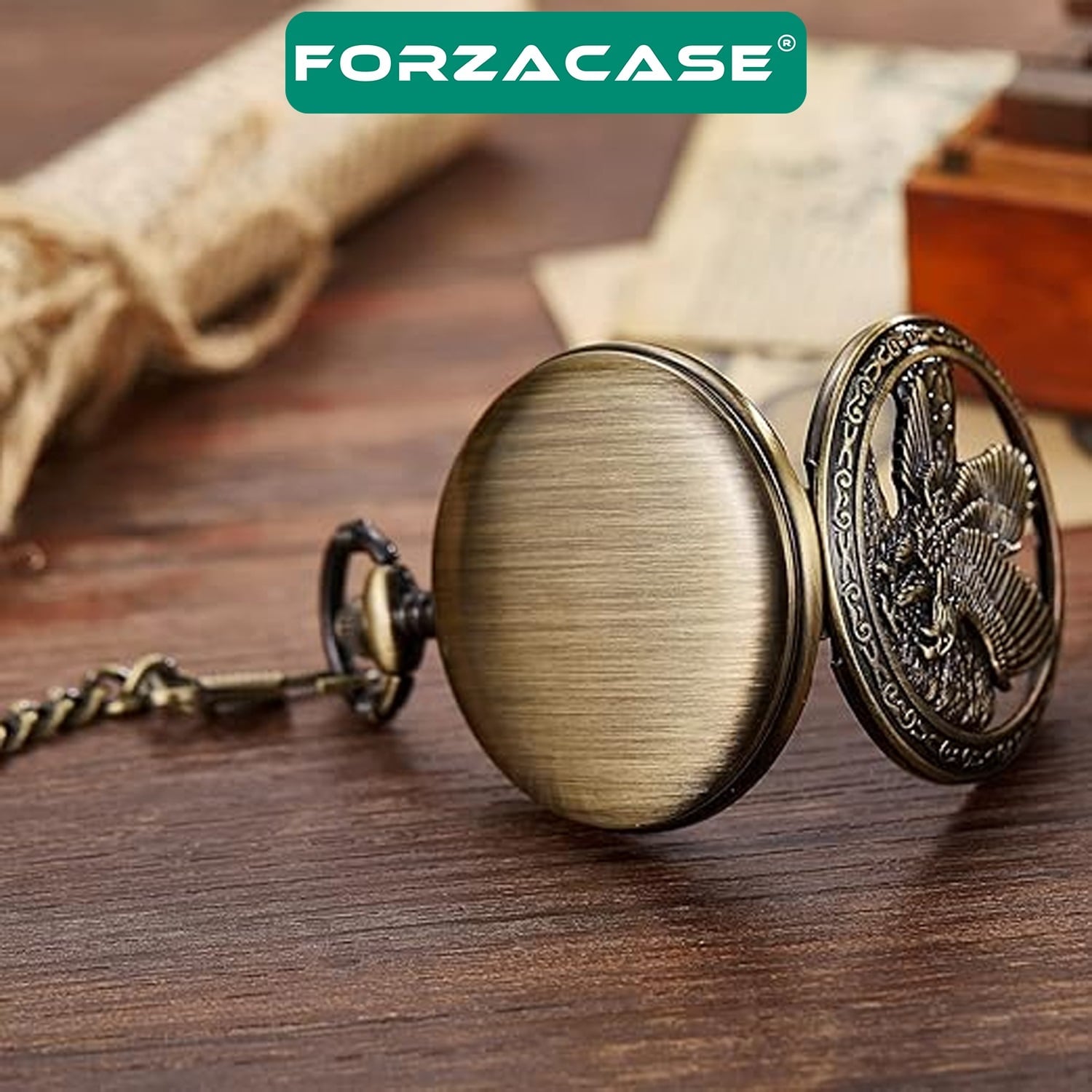 Forzacase Retro Vintage Özel Bronz Kartal İşlemeli Köstekli Cep Saati - FC731