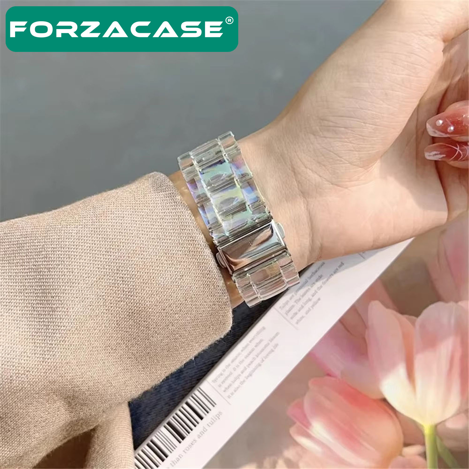 Forzacase Apple Watch 12 46mm ile uyumlu Transparan Hologram Baklalı Kordon Kayış - FC886
