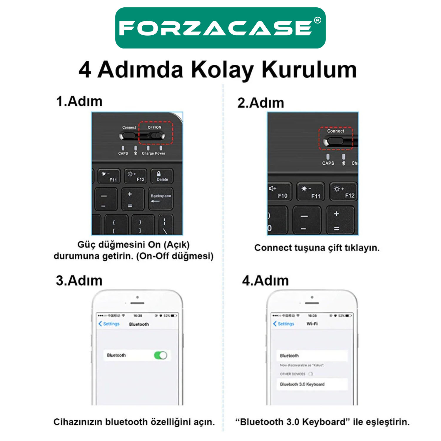 Forzacase Tablet ve Telefonlar için Şarjlı Kare Tuşlu Bluetooth Kablosuz Klavye - FC755