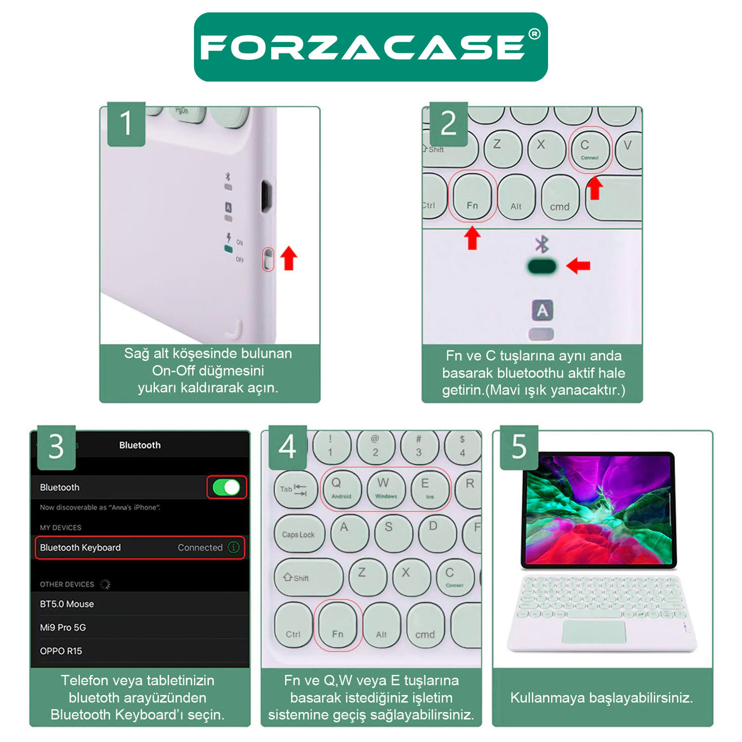Forzacase Tablet ve Telefonlar için Şarjlı Yuvarlak Tuşlu Touchpadli Bluetooth Kablosuz Klavye FC758