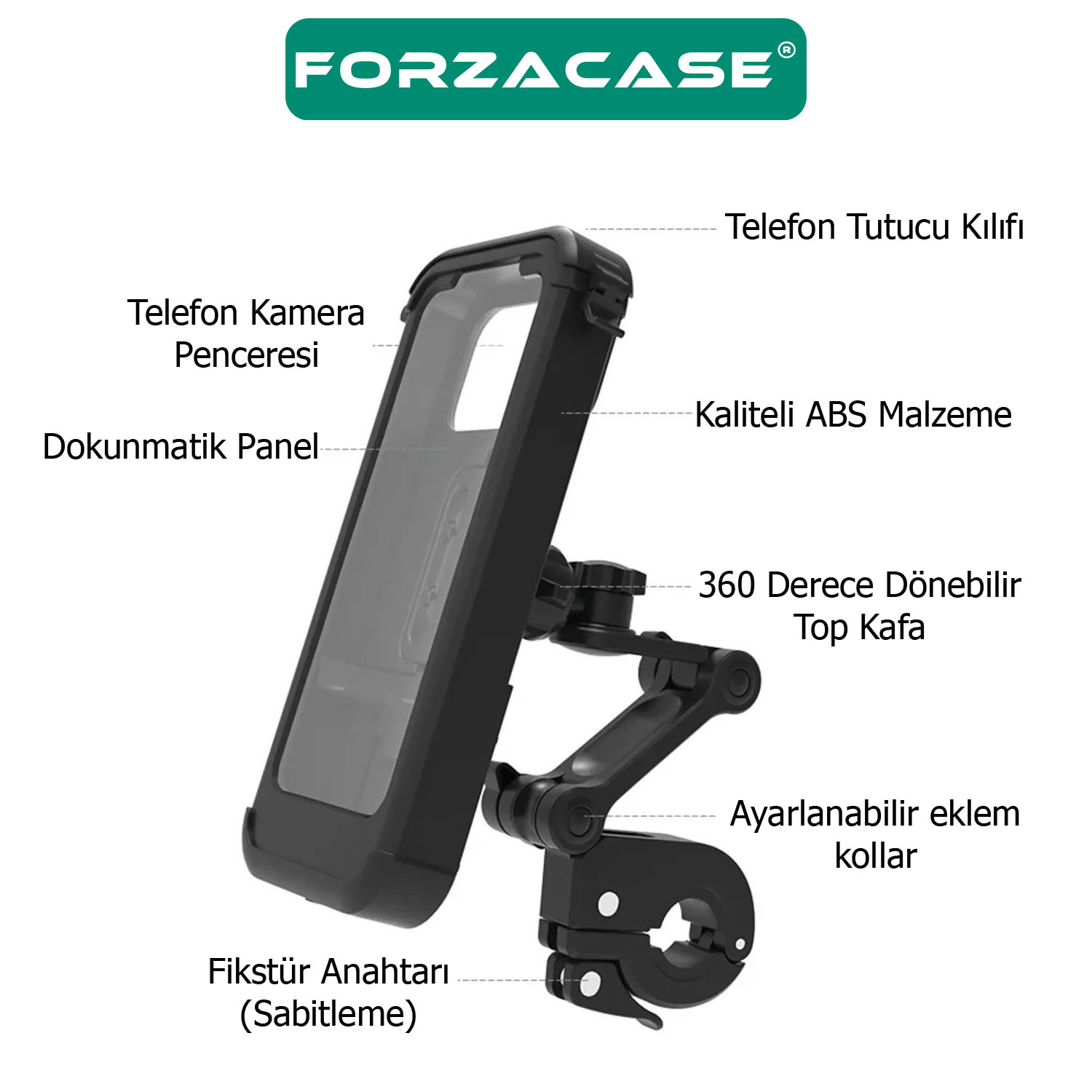 Forzacase Bisiklet Motosiklet Scooter için Gidon Uyumlu Önü Kapalı Su Geçirmez Telefon Tutucu FC780