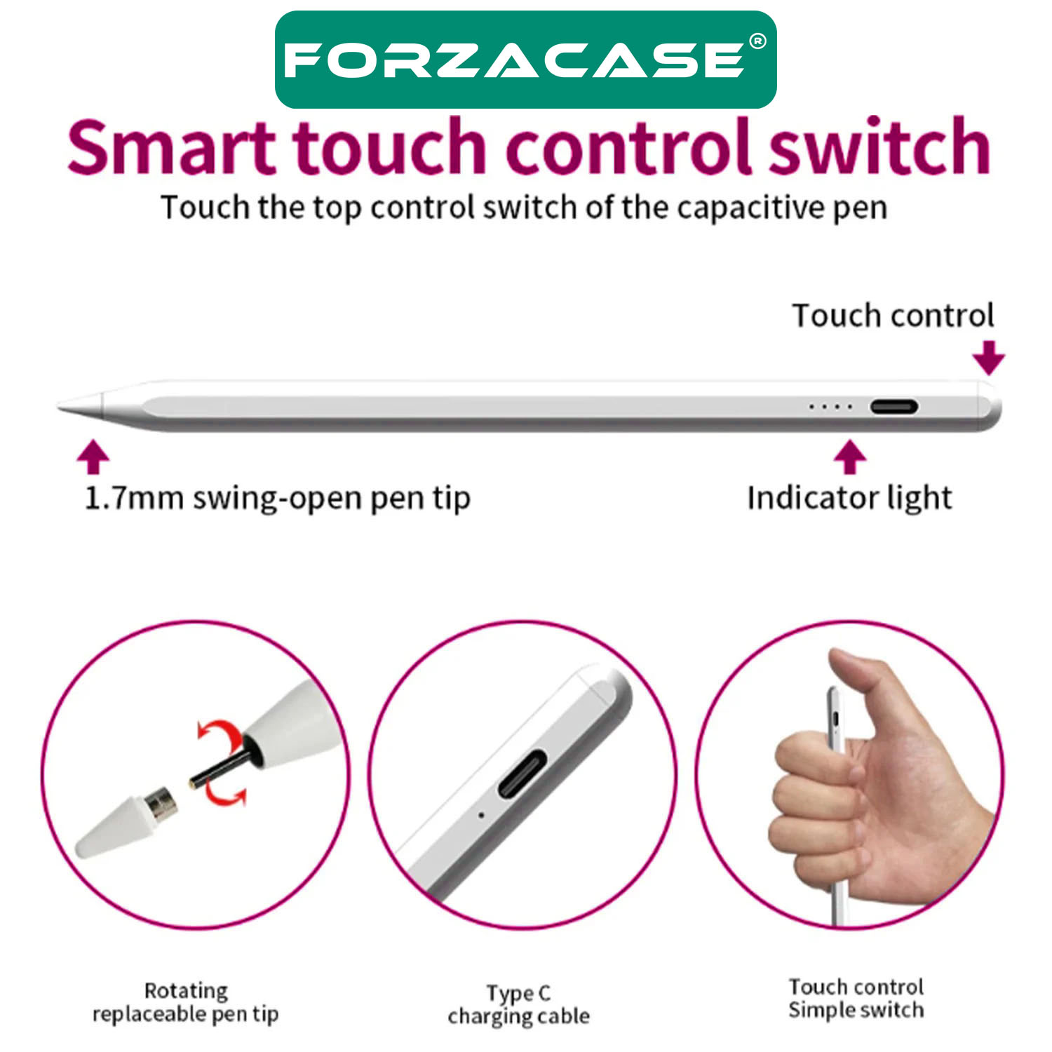 Forzacase Universal Tabletler iOS Android ile uyumlu Manyetik Aktif Stylus Dokunmatik Kalem - FC787