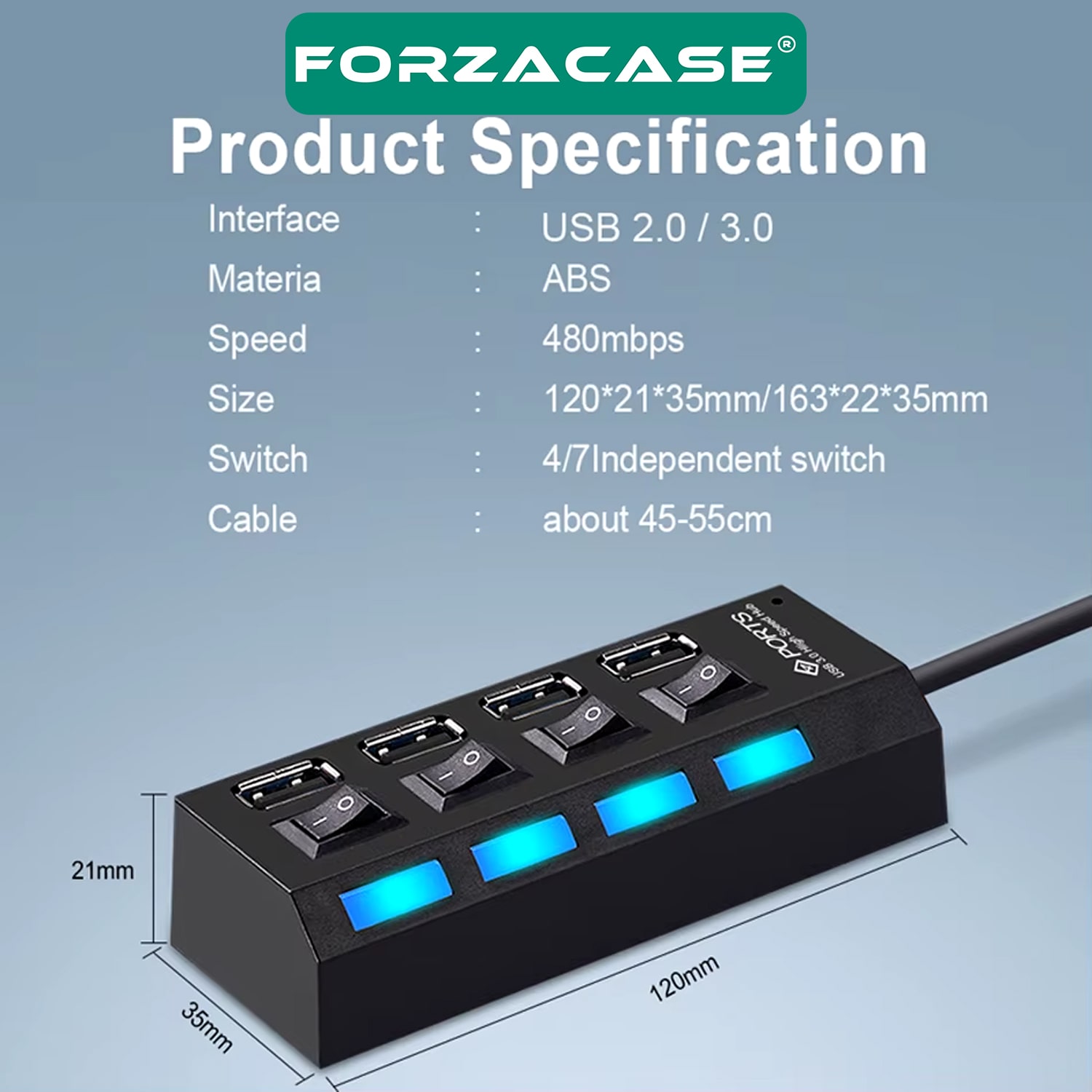 Forzacase Işıklı Düğmeli 4 Port USB 3.0 Port Çoğaltıcı Hub Switch - FC800