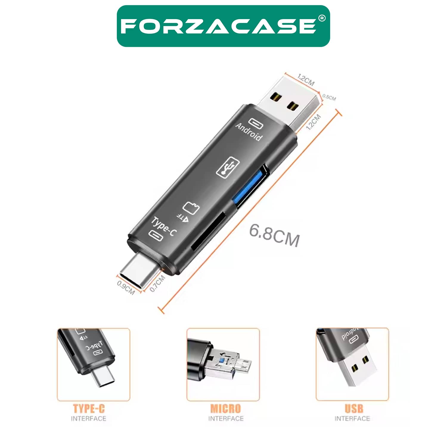 Forzacase USB 3.0 Type C Micro USB Kart Okuyucu 3in1 USB OTG SD - FC801