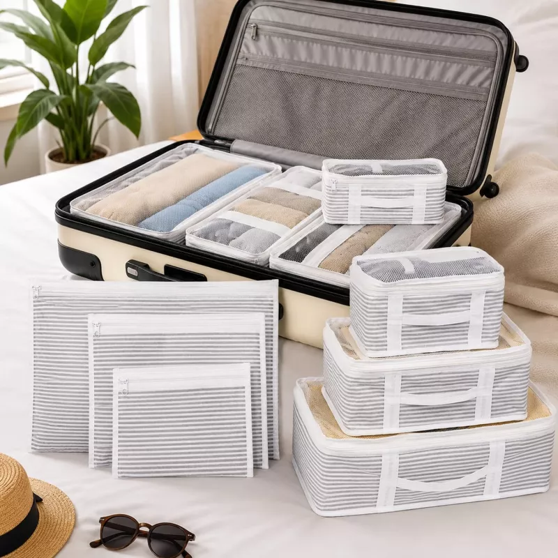 Forzacase 6’lı Beyaz Çizgili Valiz Düzenleyici Bavul Içi Organizer Set, Seyahat Hurcu - FC816