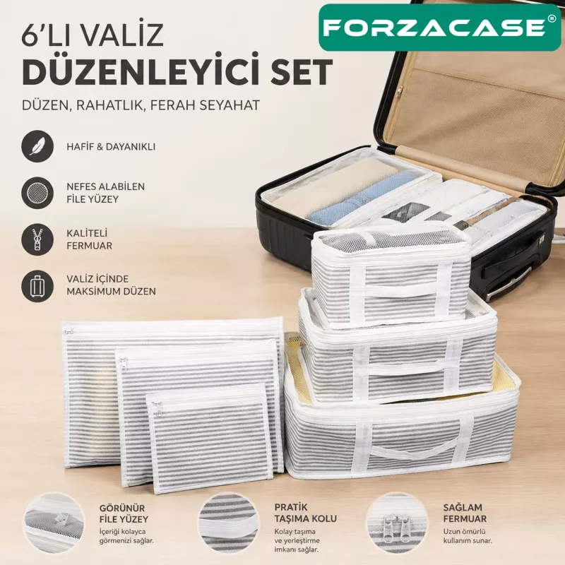 Forzacase 6’lı Beyaz Çizgili Valiz Düzenleyici Bavul Içi Organizer Set, Seyahat Hurcu - FC816