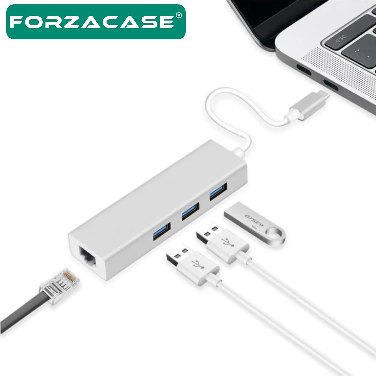 Forzacase Notebook Macbook için Type-C Ethernet 3 Port USB 3.0 Çevirici Hub Adaptör - FC823