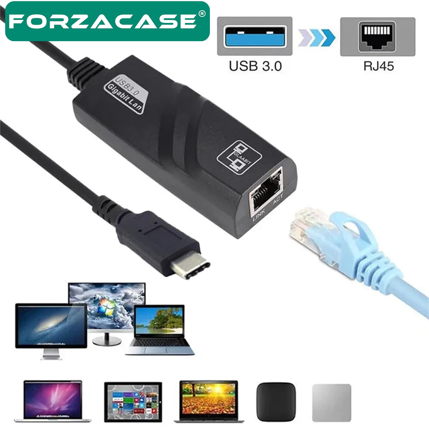 Forzacase Notebook Macbook için Type-C to RJ45 Gigabit Ethernet Adaptörü - FC824