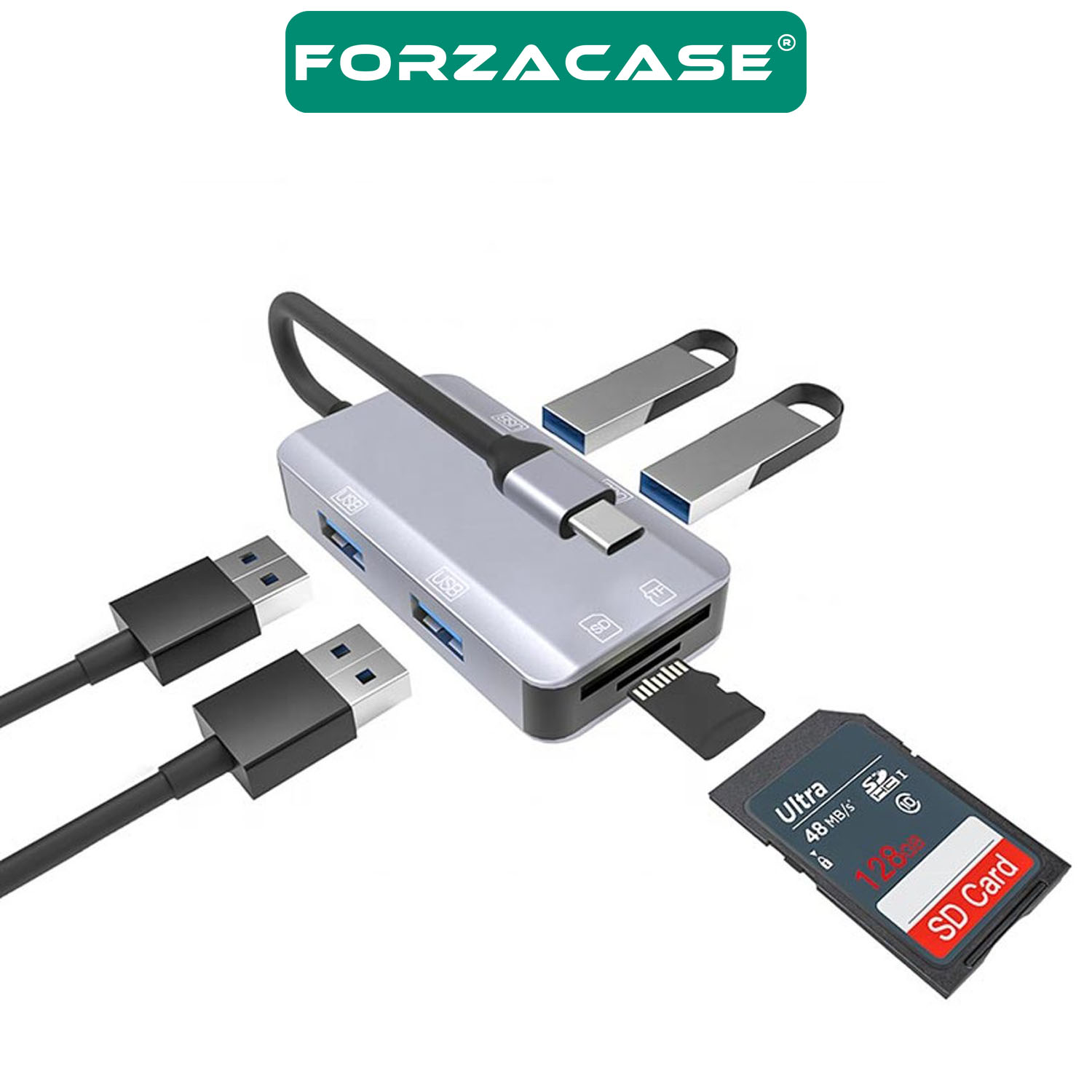 Forzacase 6in1 USB 3.1 Type-C 4 Port USB Çoklayıcı OTG SD Kart Okuyucu Mac iPhone 15 16 Uyumlu FC833