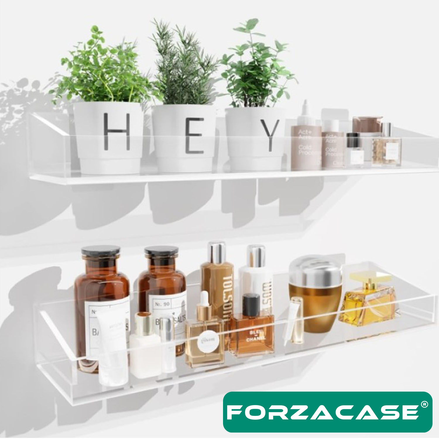 Forzacase 2 Adet Yapışkan Monteli Şık ve Minimalist Tasarımlı Akrilik Şeffaf Duvar Banyo Mutfak Rafı FC857