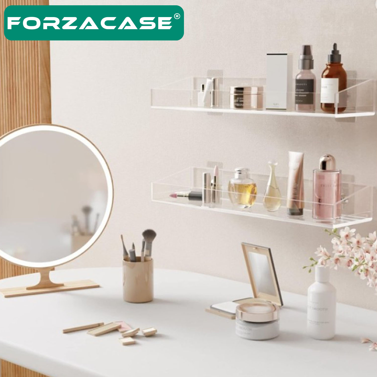 Forzacase 2 Adet Yapışkan Monteli Şık ve Minimalist Tasarımlı Akrilik Şeffaf Duvar Banyo Mutfak Rafı FC857