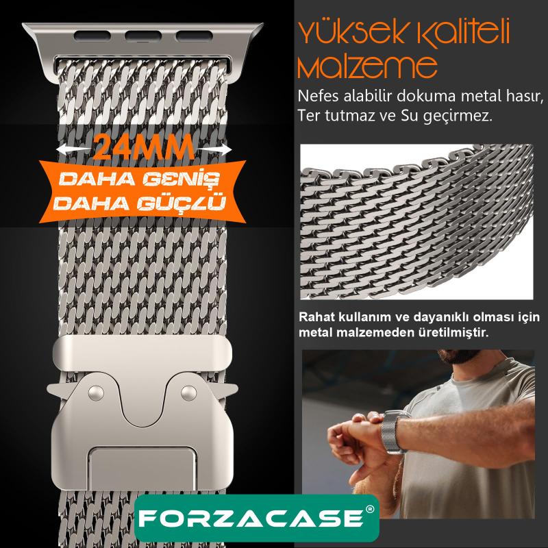 Forzacase Apple Watch 12 46mm ile uyumlu Mekanizmalı Metal Hasır Kordon Kayış - FC864