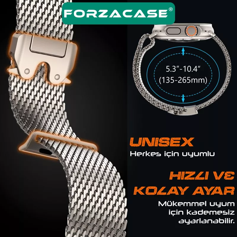 Forzacase Apple Watch Ultra 3 49mm ile uyumlu Mekanizmalı Metal Hasır Kordon Kayış - FC864