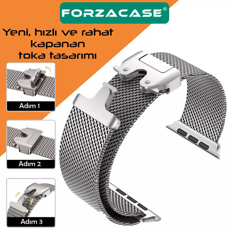 Forzacase Apple Watch SE 3 44mm ile uyumlu Mekanizmalı Metal Hasır Kordon Kayış - FC864